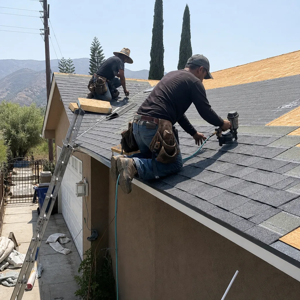 Two professional roofers installing new asphalt shingles on a residential home roof