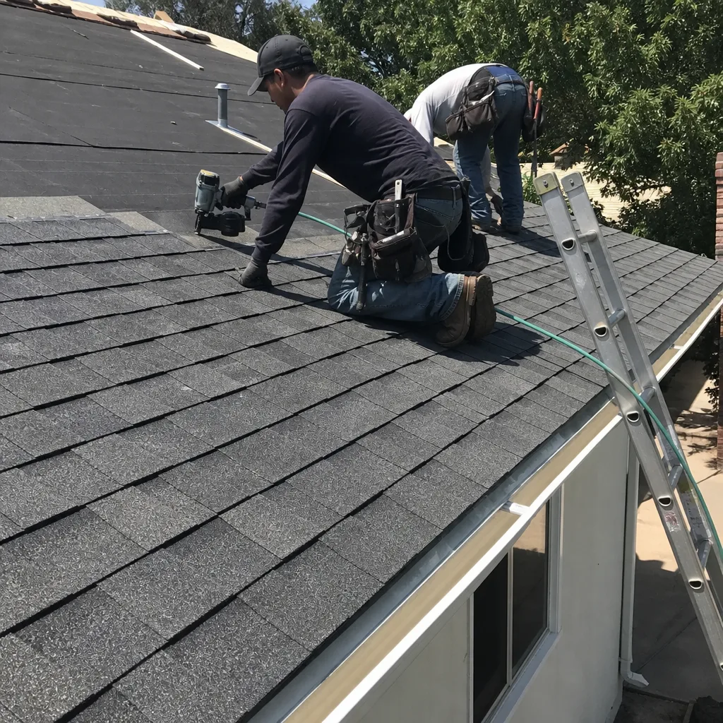 Two professional roofers performing professional shingle roof installation on a house