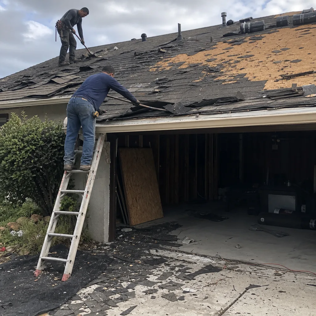 Two professional roofers removing old shingles from a residential roof