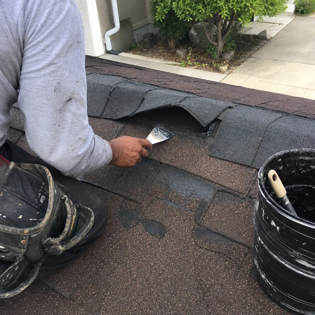 Professional roofer applying sealant to repair damaged asphalt shingles on roof