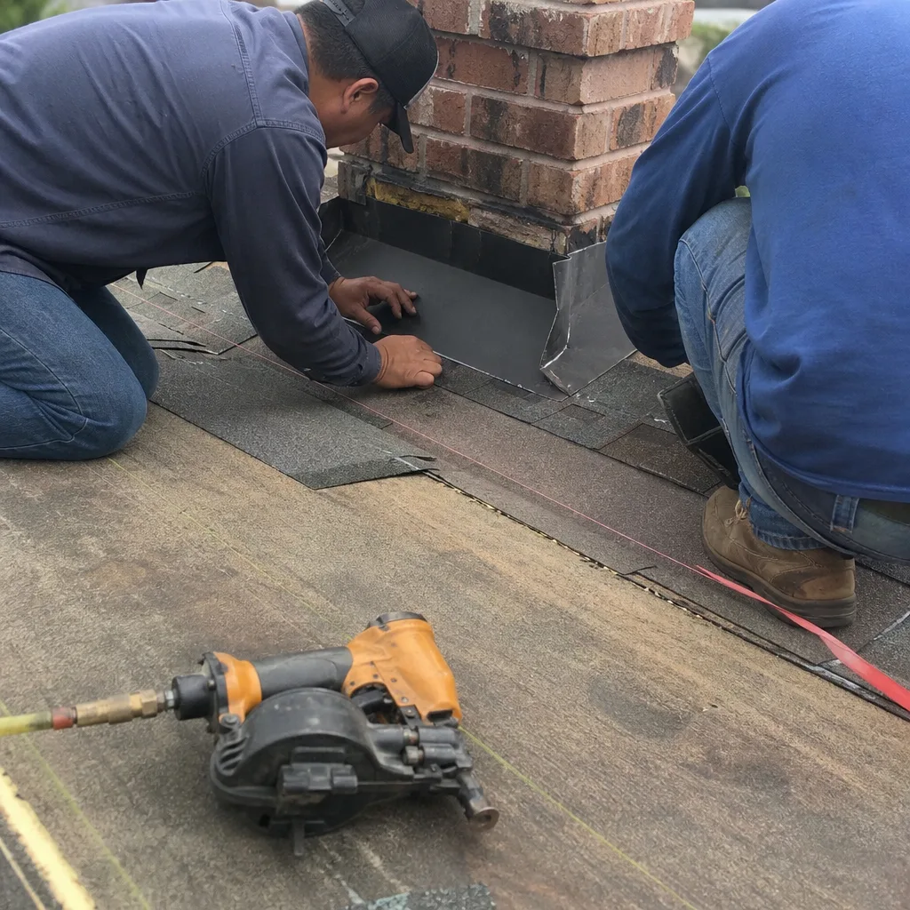 Two professional roofers installing metal chimney flashing on a residential roof