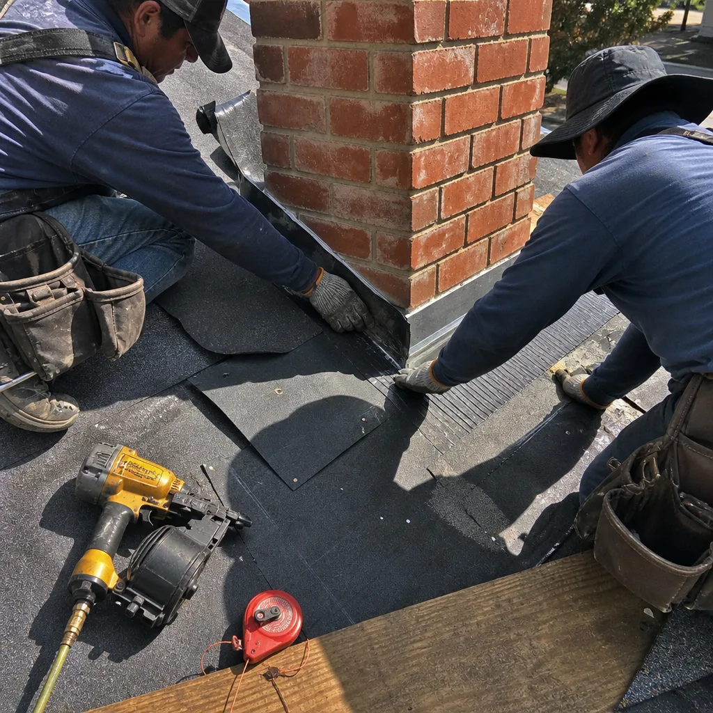 Two professional roofers installing metal flashing around a brick chimney.